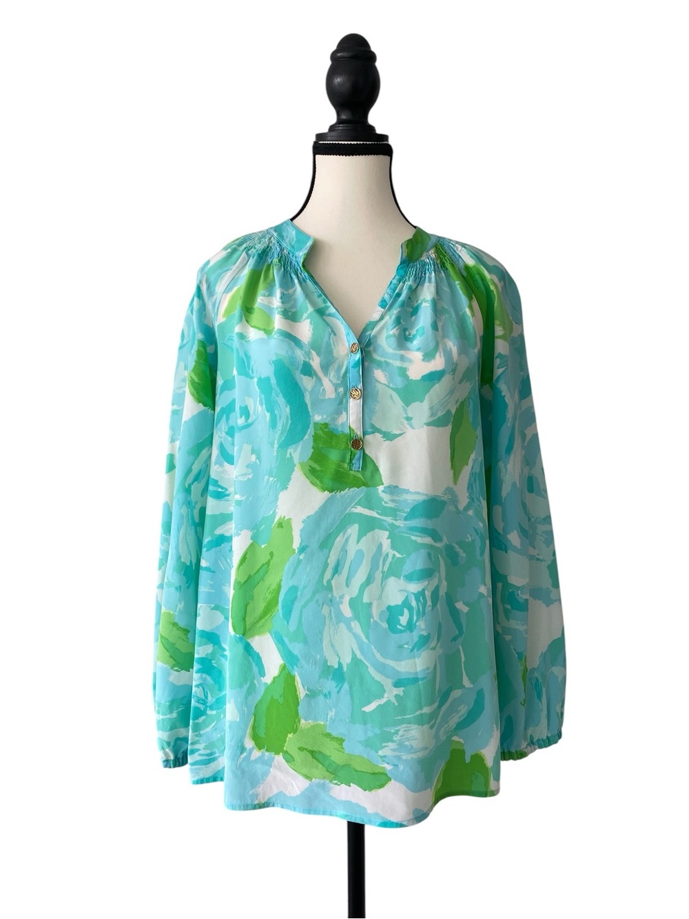 Lilly Pulitzer 100% Silk Turquoise & Green Floral Peasant Top Size S